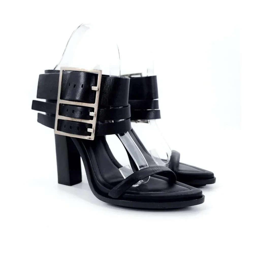 VERSUS by VERSACE Black Side Buckle Leather Sandals - Picture 2 of 12